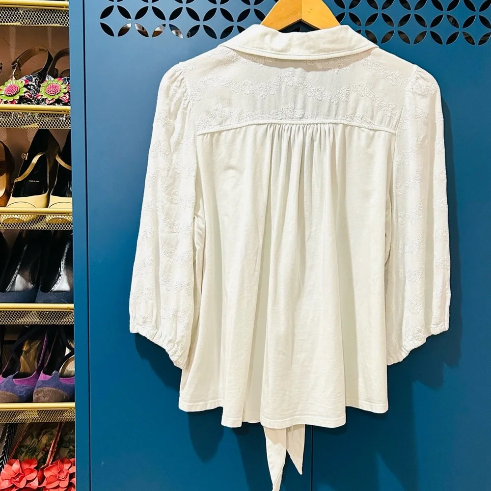 Anthropologie Vanessa Virginia Lorena White Tie-Front Boho Blouse Boho Size L